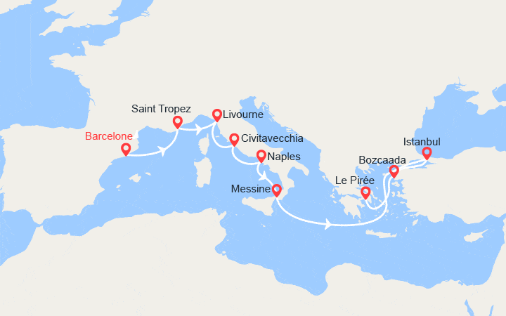 itinéraire croisière Méditerranée Orientale : Espagne, France, Italie, Turquie, Grèce : de Barcelone au Pirée