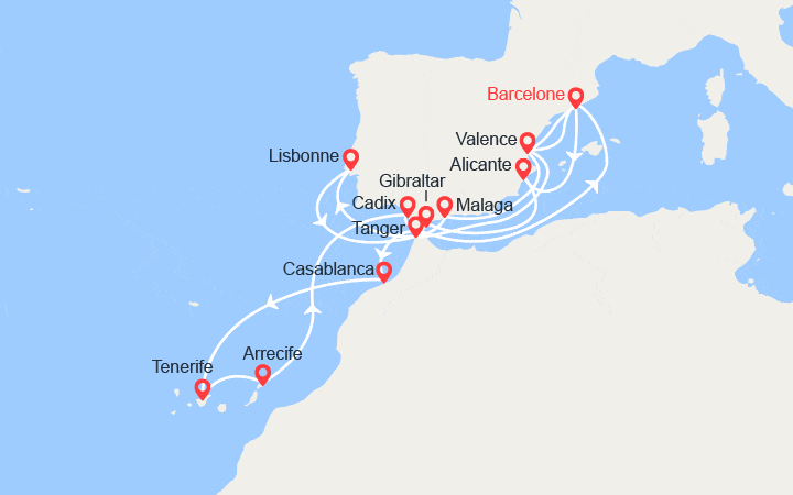 itinéraire croisière Méditerranée Occidentale - Canaries Madère : Espagne, Gibraltar, Maroc, îles Canaries, Portugal 