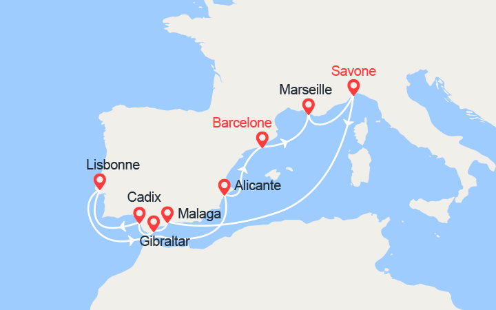 itinéraire croisière Méditerranée Occidentale : Espagne, Gibraltar, Portugal, France 
