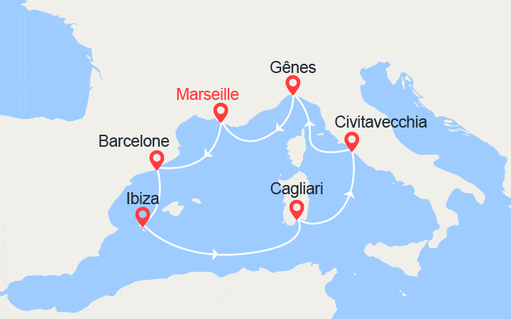 itinéraire croisière Méditerranée Occidentale : Espagne, Ibiza, Sardaigne, Italie