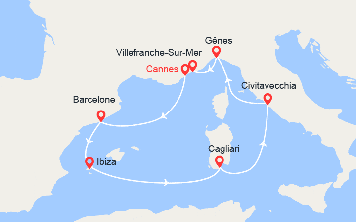 itinéraire croisière Méditerranée Occidentale : Espagne, Ibiza, Sardaigne, Italie: départ de Cannes 