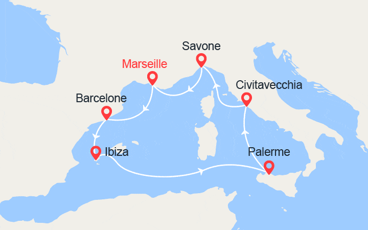 itinéraire croisière Iles Baléares - Méditerranée Occidentale : Espagne, Ibiza, Sicile, Italie 