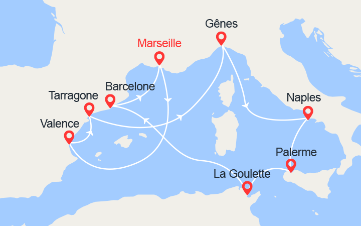 itinéraire croisière Méditerranée Occidentale : Espagne, Italie, Sicile, Tunisie 