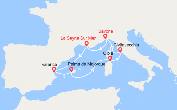 itinéraire croisière Méditerranée Occidentale - Iles Baléares : Espagne, Majorque, Sardaigne, Italie