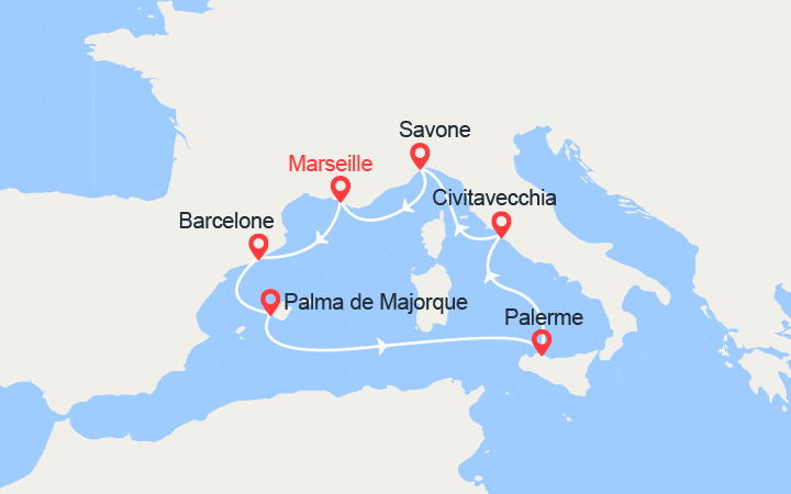 itinéraire croisière Iles Baléares - Méditerranée Occidentale : Espagne, Majorque, Sicile, Italie 