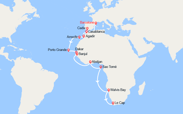 Itinéraire Espagne, Maroc, Canaries, Afrique du Sud : de Barcelone au Cap 