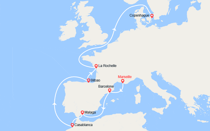 Itinéraire Espagne, Maroc, France, Danemark 