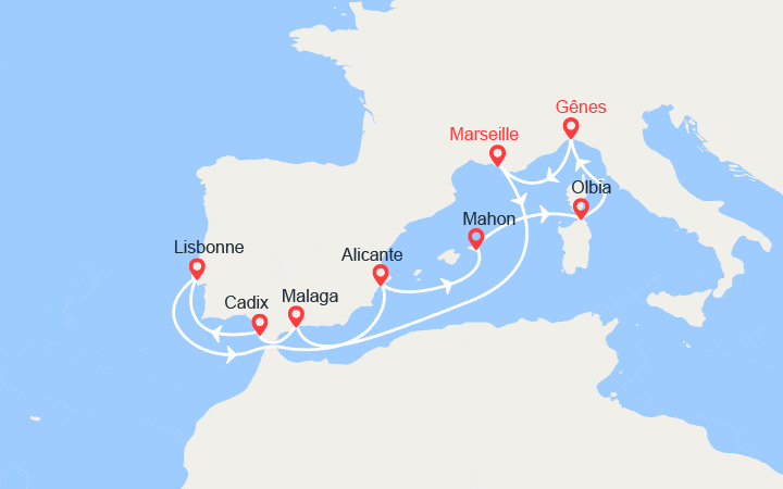 itinéraire croisière Méditerranée Occidentale : Espagne, Portugal, Baléares, Italie