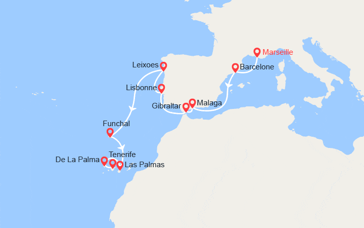 itinéraire croisière Méditerranée Occidentale : Espagne, Portugal, Canaries