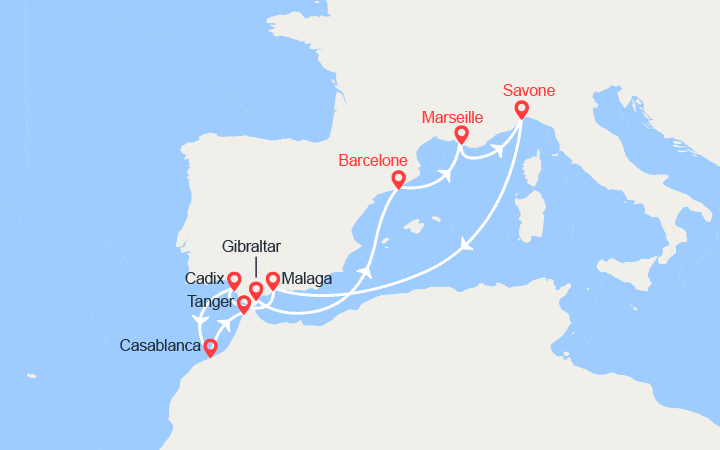 itinéraire croisière Méditerranée Occidentale : Espagne, Portugal, Gibraltar 