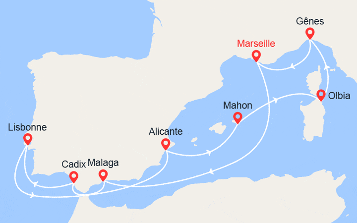 itinéraire croisière Méditerranée Occidentale - Iles Baléares : Espagne, Portugal, Minorque, Italie 