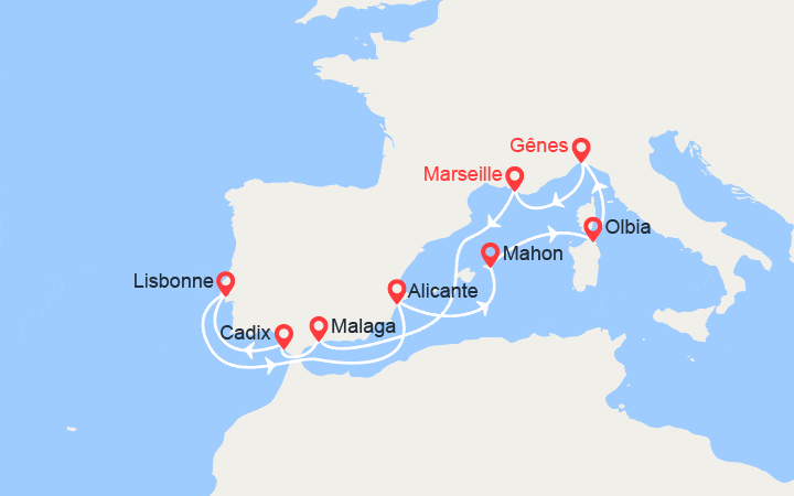 itinéraire croisière Méditerranée Occidentale - Iles Baléares : Espagne, Portugal, Minorque, Sardaigne