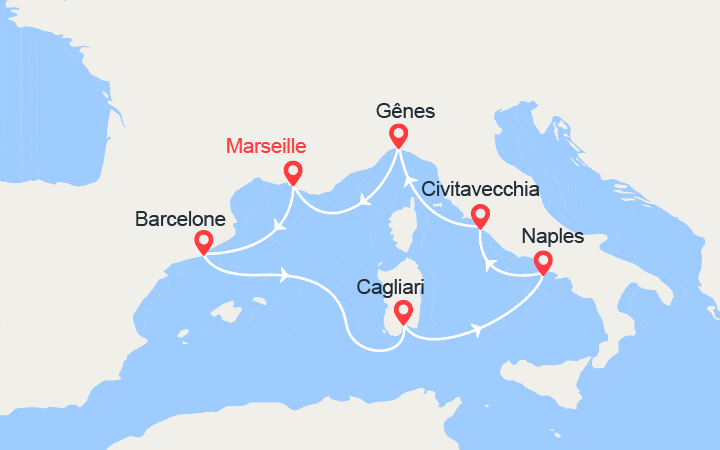 itinéraire croisière Méditerranée Occidentale : Espagne, Sardaigne, Italie 