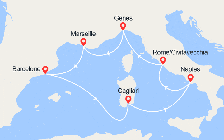 itinéraire croisière Méditerranée Occidentale : Espagne, Sardaigne, Italie 