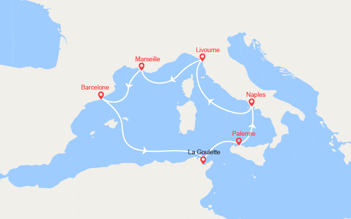 itinéraire croisière Méditerranée Occidentale : Espagne, Tunise, Italie, France 