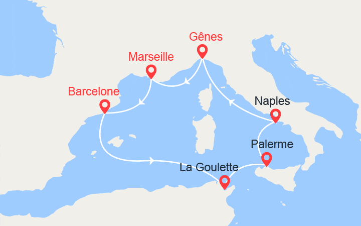 itinéraire croisière Méditerranée : Espagne, Tunisie, Italie 