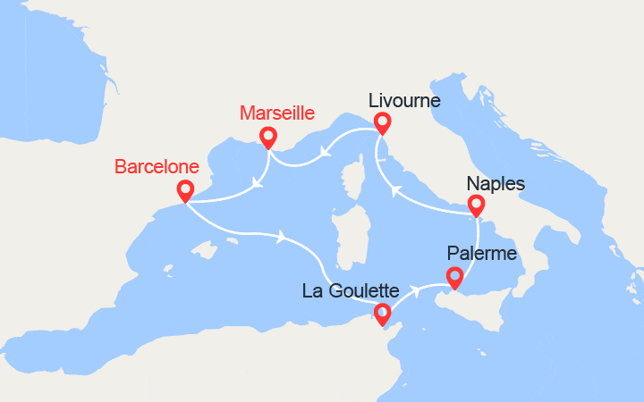 itinéraire croisière Méditerranée Occidentale : Espagne, Tunisie, Sicile, Italie