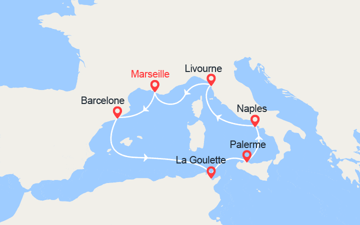 itinéraire croisière Méditerranée Occidentale : Espagne, Tunisie, Sicile, Italie 