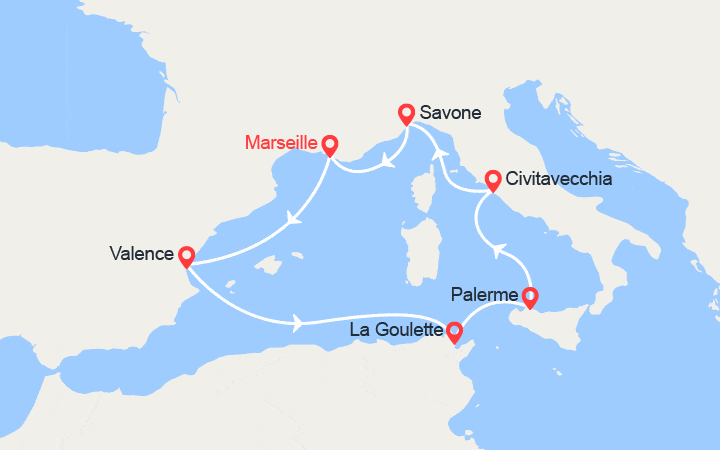 itinéraire croisière Méditerranée Occidentale : Espagne, Tunisie, Sicile, Italie 