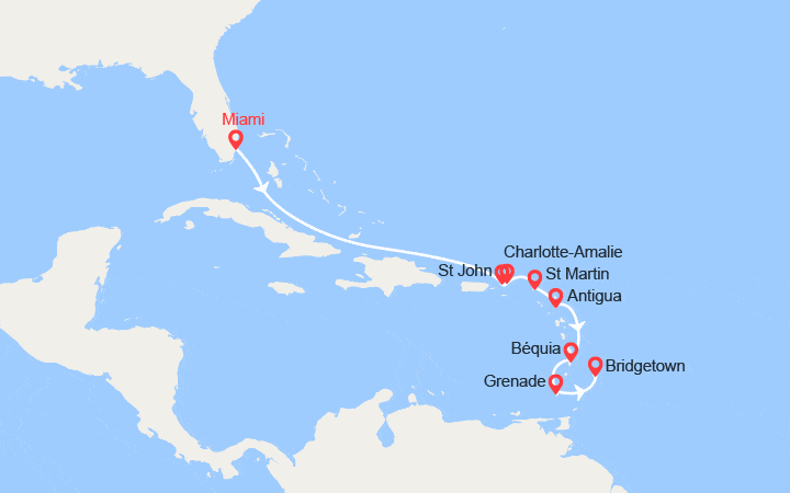 Itinéraire États-Unis, Canada, St Thomas, St Martin, Antigua et Barbuda, Martinique, Grenade... 