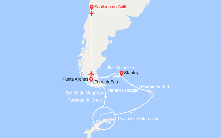 Itinéraire Expédition en Antarctique, aux îles Malouines et en Géorgie du Sud  