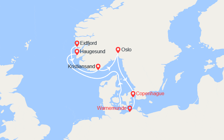 itinéraire croisière Fjords - Fjords : Fjords : Haugesund, Eidfjord, Kristiansand, Oslo