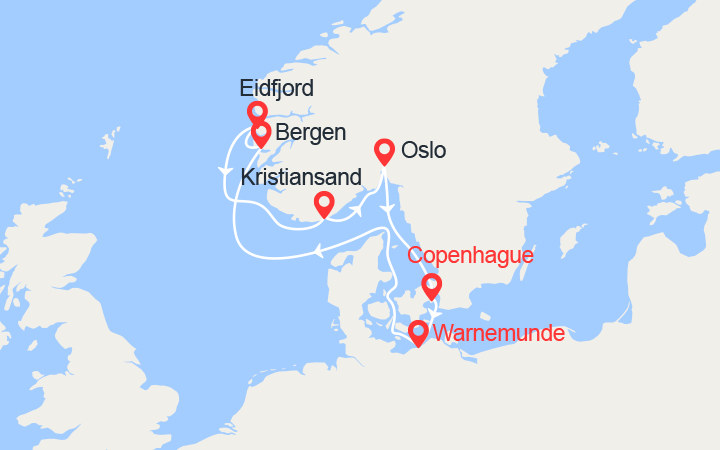 itinéraire croisière Fjords - Fjords : Fjords de la Norvège: Bergen, Eidfjord, Kristiansand, Oslo... 