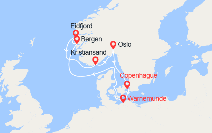 Itinéraire Fjords de la Norvège: Bergen, Eidfjord, Kristiansand, Oslo... 