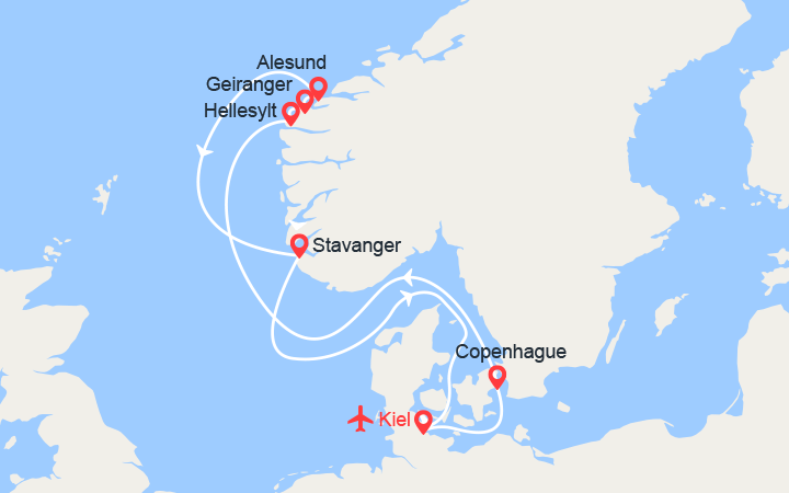 itinéraire croisière Fjords - Fjords : Fjords de Norvège : Hellesylt, Geiranger, Alesund, Stavanger - Vols inclus 