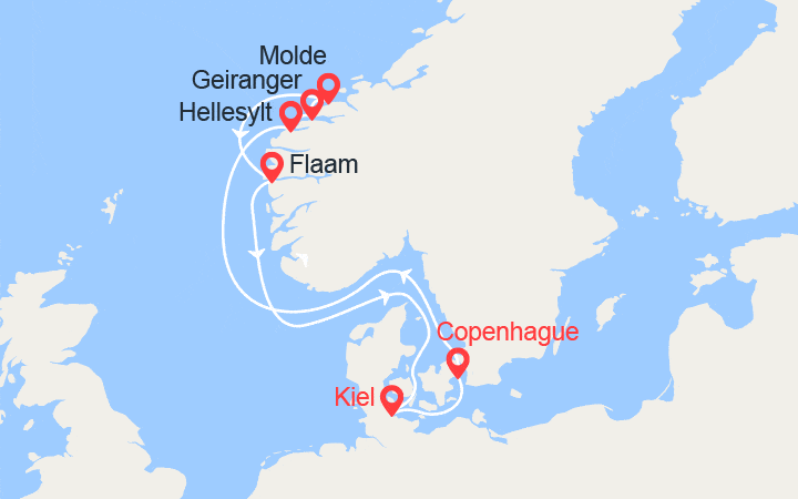 itinéraire croisière Fjords - Fjords : Fjords de Norvège : Hellesylt; Geiranger, Molde, Flam 