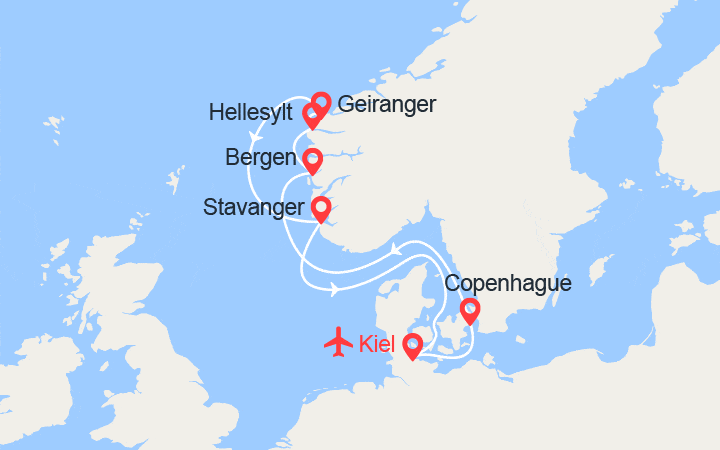 itinéraire croisière Fjords : Fjords de Norvège: Bergen, Hellesylt, Geiranger, Stavanger - Vols inclus 
