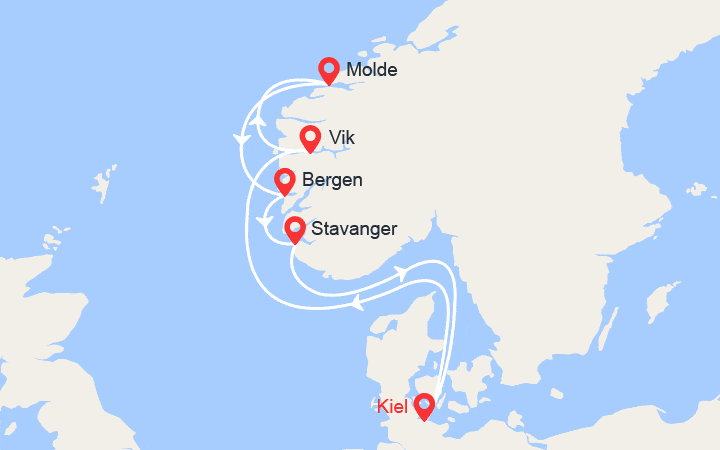 itinéraire croisière Fjords - Fjords : Fjords de Norvège: Vik,  Molde, Bergen, Stavanger 