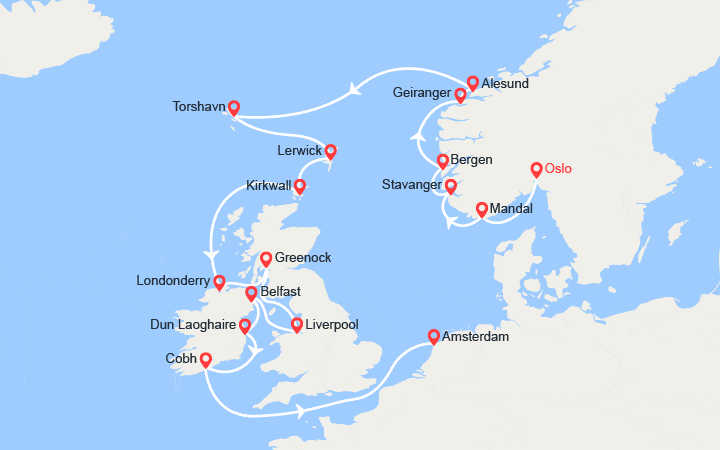 itinéraire croisière Fjords : Fjords de Norvège et Capitales du Nord 