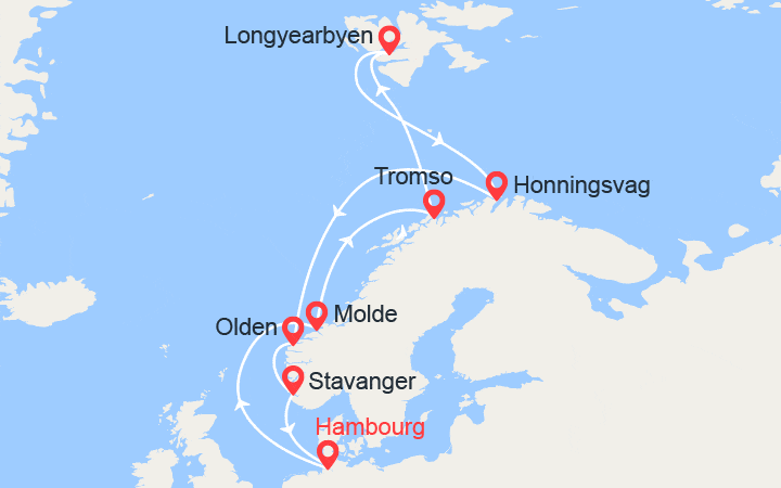 itinéraire croisière Fjords : Fjords Norvégiens, Spitsbergen, Cap Nord 