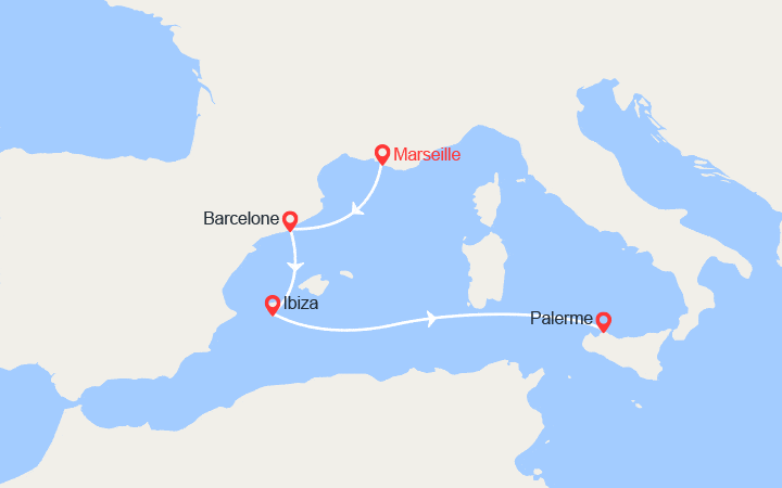 itinéraire croisière Méditerranée Occidentale : France, Espagne, Baléares, Italie