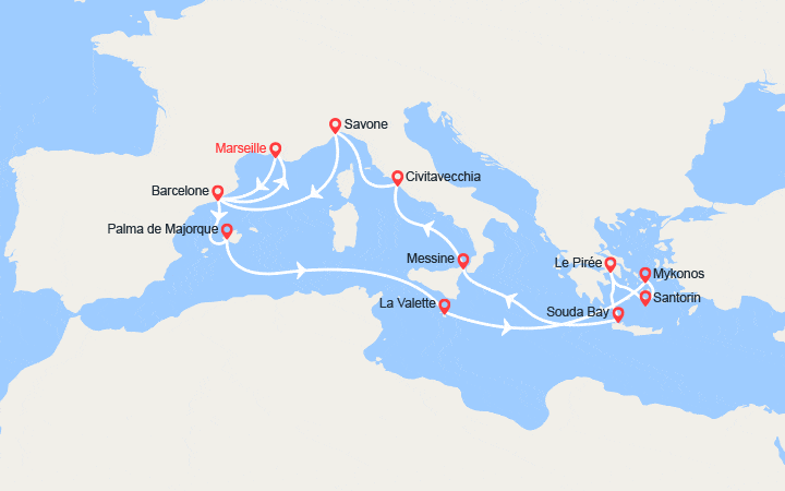 Itinéraire France, Espagne, Baléares, Malte, Grèce, Italie 