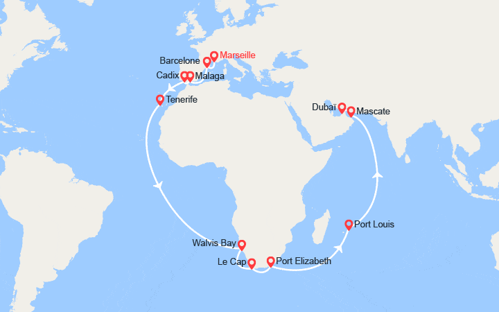 itinéraire croisière Moyen Orient : France, Espagne, Canaries, Namibia, Afrique du Sud, Maurice, Oman, Emirats Arabes Unis