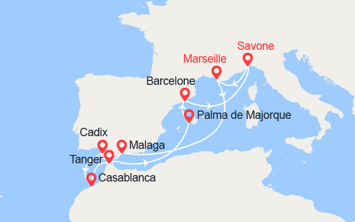 itinéraire croisière Méditerranée Occidentale : France, Espagne, Maroc, Baléares, Italie 