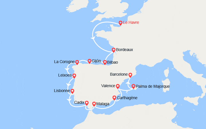 itinéraire croisière Méditerranée Occidentale : France, Espagne, Portuagl, Iles Baléares