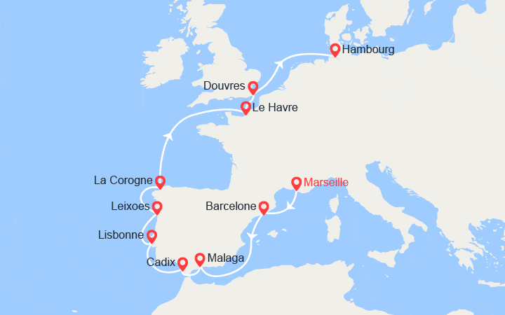Itinéraire France, Espagne, Portugal, Grande-Bretagne, Allemagne 