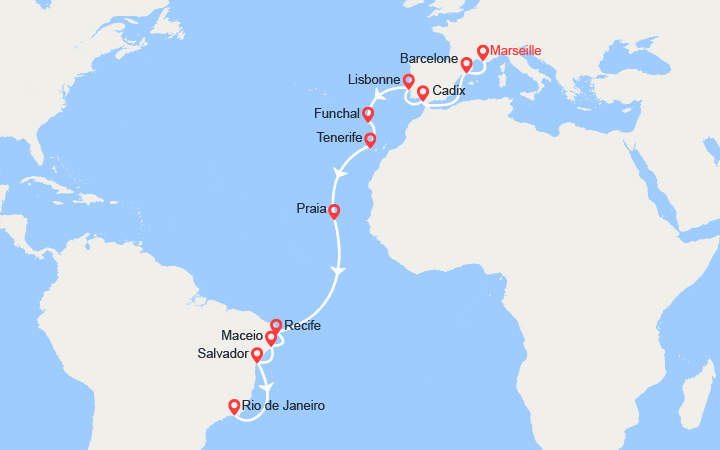 Itinéraire France, Espagne, Portugal, Madère, Canaries, Brésil 