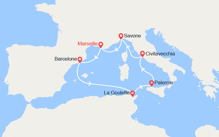 itinéraire croisière Méditerranée Occidentale : France, Espagne, Tunisie, Italie