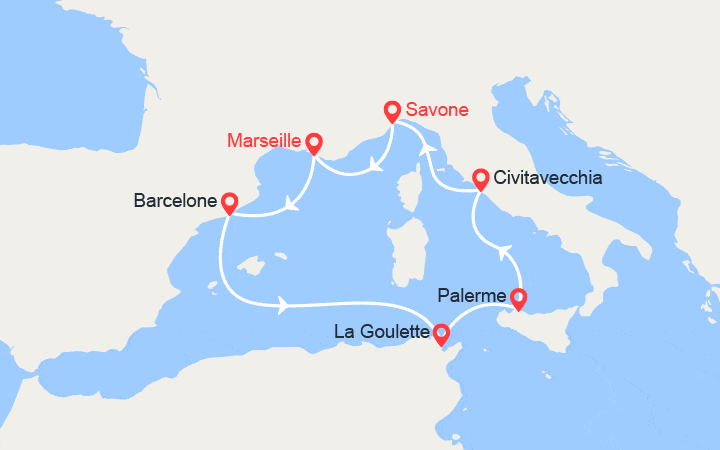 itinéraire croisière Méditerranée Occidentale : France, Espagne, Tunisie, Italie