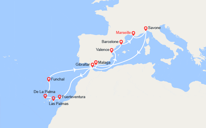 itinéraire croisière Méditerranée Occidentale : France, Italie, Espagne, Canaries, Madère, Gibraltar