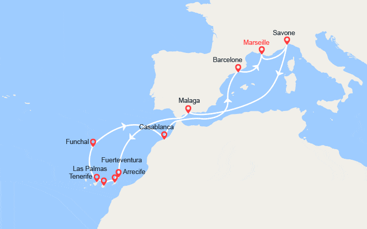 Itinéraire France, Italie, Espagne, Canaries, Madère, Maroc 