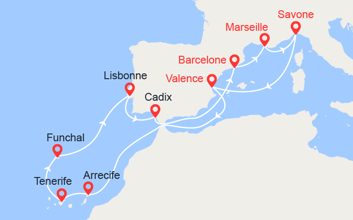 itinéraire croisière Canaries Madère : France, Italie, Espagne, Canaries, Madère, Portugal 