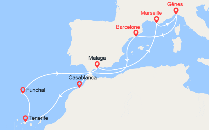 itinéraire croisière Méditerranée Occidentale : France, Italie, Espagne, Maroc, Portugal 