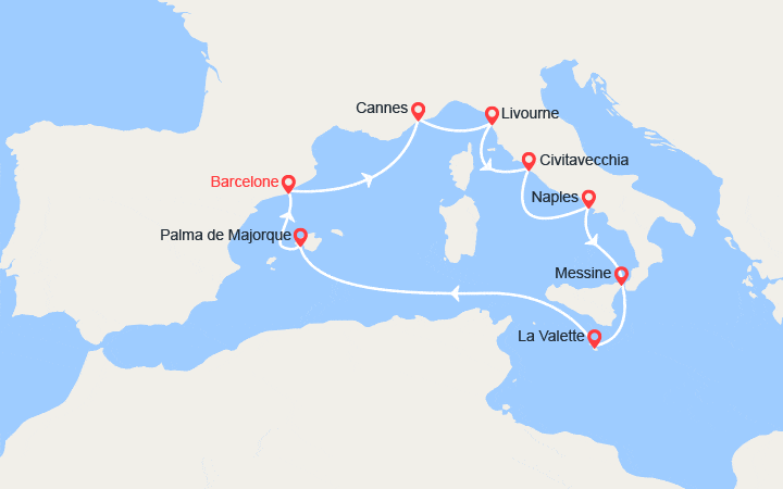 itinéraire croisière Iles Baléares : France, Italie, Malte, Baléares