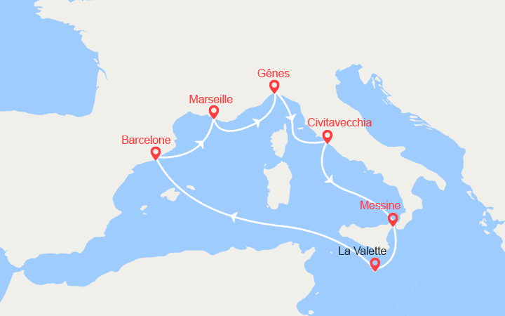 itinéraire croisière Méditerranée Occidentale : France, Italie, Malte, Espagne