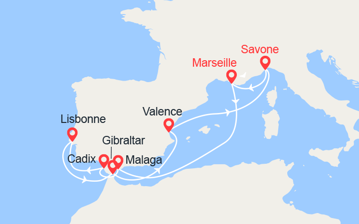 itinéraire croisière Méditerranée Occidentale : France,Malaga, Cadix, Lisbonne, Gibraltar, Italie 